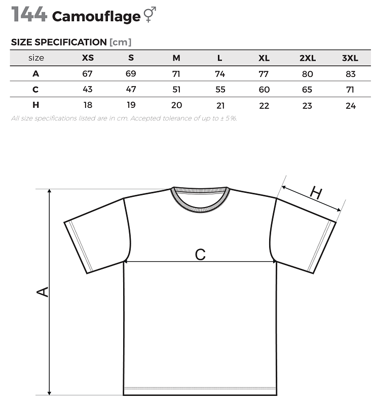veľkosti maskáčových tričiek